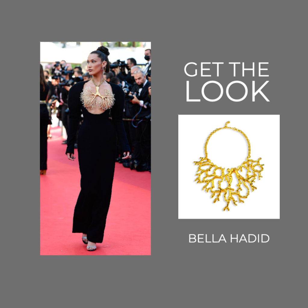Bella Hadid Wears Brass Lung Necklace at 2021 Cannes Film Festival